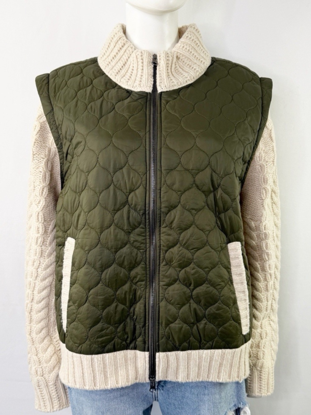 Veronica Beard Army and Oatmeal Patra Mixed Media Jacket Size 2XL Knit Sleeves